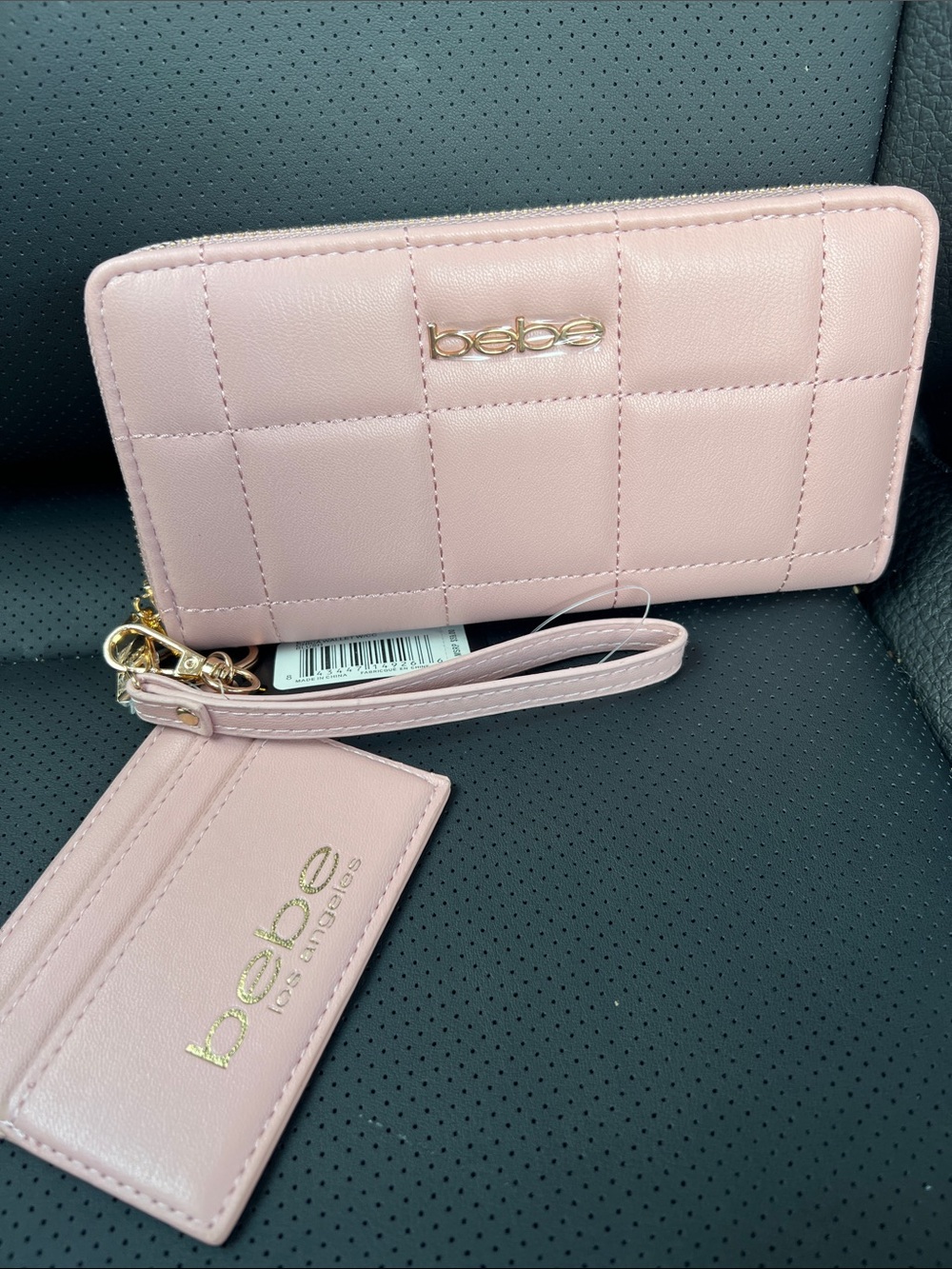 bebe Quilted Wristlet Wallet in Pale Pink with Gold Hardware